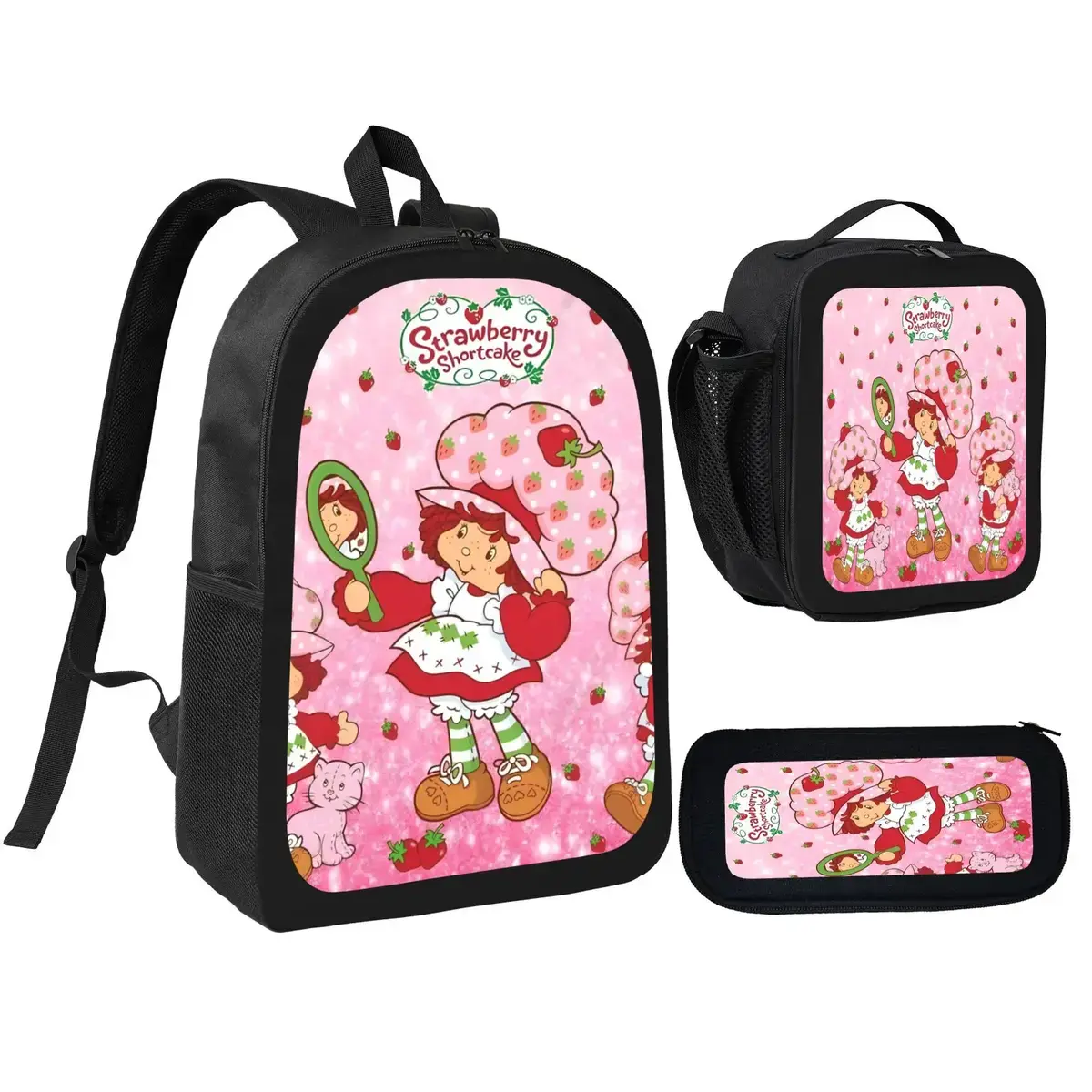 Strawberry Shortcake 3-in-1 Backpack Set with Lunch Box & Pencil Case, 600D Oxford Cloth, Lightweight Large Capacity, Adjustable Straps, Comfortable Mesh Back Cushioning for Teens