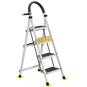 4-Step Ladder, Folding Step Stool, Maximum Load Capacity 330 lbs, Sturdy Steel, Non-Slip Treads, Lightweight, Portable Steel Ladder with Convenient Handrails, Safe Design for Home and Work, White