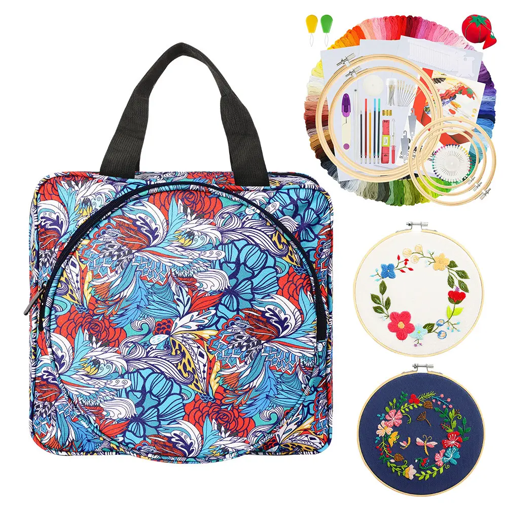 1pc Vintage Flower Embroidery Cloth Organizer Bag - Square Tote with Multiple Pockets, Mesh Pockets, Elastic Top Hold, Full-Open Access for Embroidery Hoop & Needle Sewing Supplies, Blue Home Storage Bag, Holiday Gift
