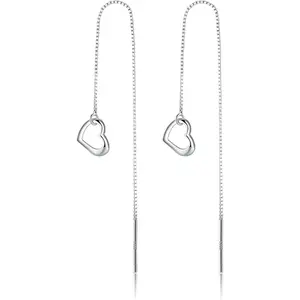 Solid 925 Sterling Silver Love Heart Chain Dangle Drop Earrings for Women Teen Girls Heart Tassel Threader Earrings