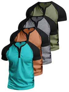 Men's Regular Fit Colorblock Raglan Sleeve Henley Shirt, Casual Fashion Short Sleeve Half Button T-shirt for Summer, Fashion Men's Tee Top for Daily Wear