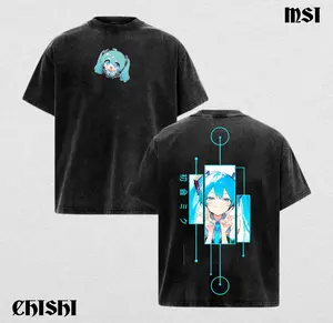 Hatsune Miku Minimal Cyber Graphic Tee – Vintage Washed Oversized Anime Shirt, Japanese Aesthetic Streetwear, Vocaloid Inspired Unisex Cotton T-Shirt