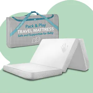Foldable Travel Pack n Play Mattress Pad with Bag Waterproof Portable Mini Crib Mattress Baby Bed Playpen Memory Foam Topper Playard Accessories Travel Case Included