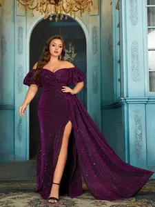 Plus Size Purple Glitter Mermaid Evening Gown | Off Shoulder Ruffle Sleeve Formal Dress with High Slit & Train | Elegant Prom Dress for Party