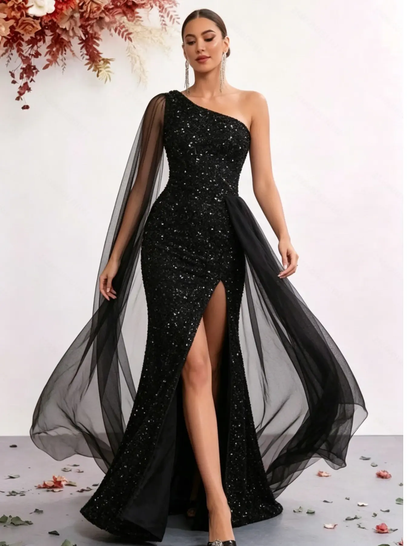 Sequined Formal Wear Evening Gown, Elegant One-Shoulder Design, Floor-Length Mermaid Skirt with Slit, Lightweight Tulle Panel, Perfect for Weddings and Parties, Elegant Evening Dress