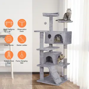 Pet Republic 55''H Multi-Level Cat Tree Double Condo Scratching Post Tower, Light Gray