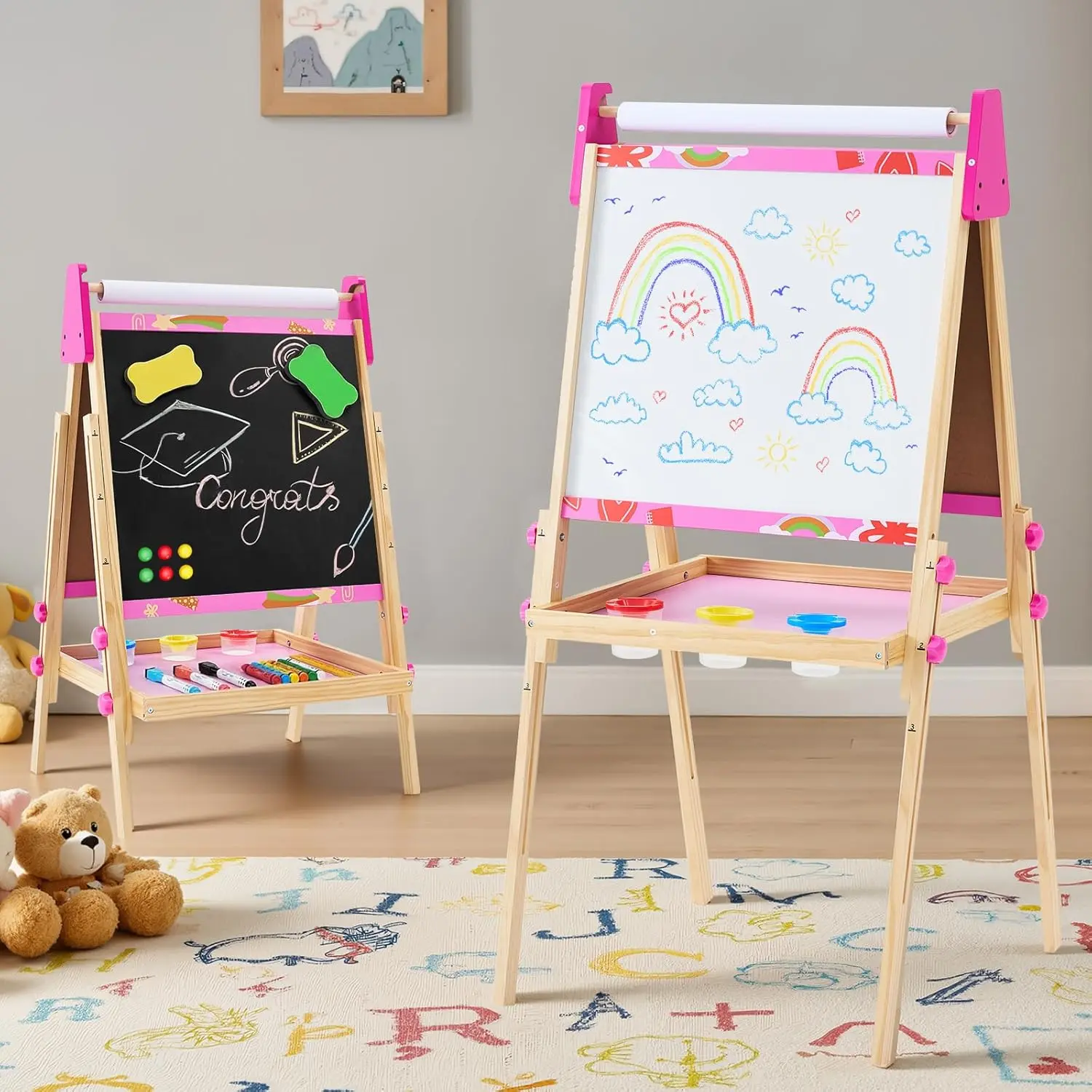 Adjustable Wooden Writing Board with Paper Roll, Double-Sided Magnetic Whiteboard & Chalkboard, Freestanding Home Creative Easel Station