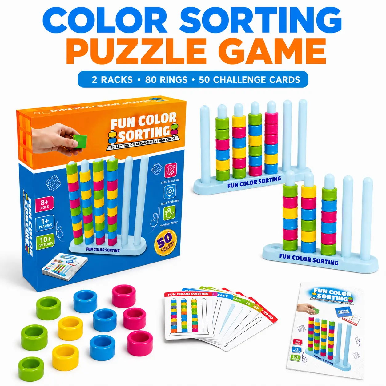 Kids' Color Jenga Challenge Toy: A fast-paced color-matching puzzle game perfect for fun parties and family game nights. Includes 2 Jenga stands, 50 challenge cards, 80 rings, and game instructions.