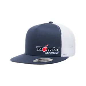 FLAT BILL NAVY & WHITE SNAPBACK TRUCKER HAT WITH BOMBER LOGO