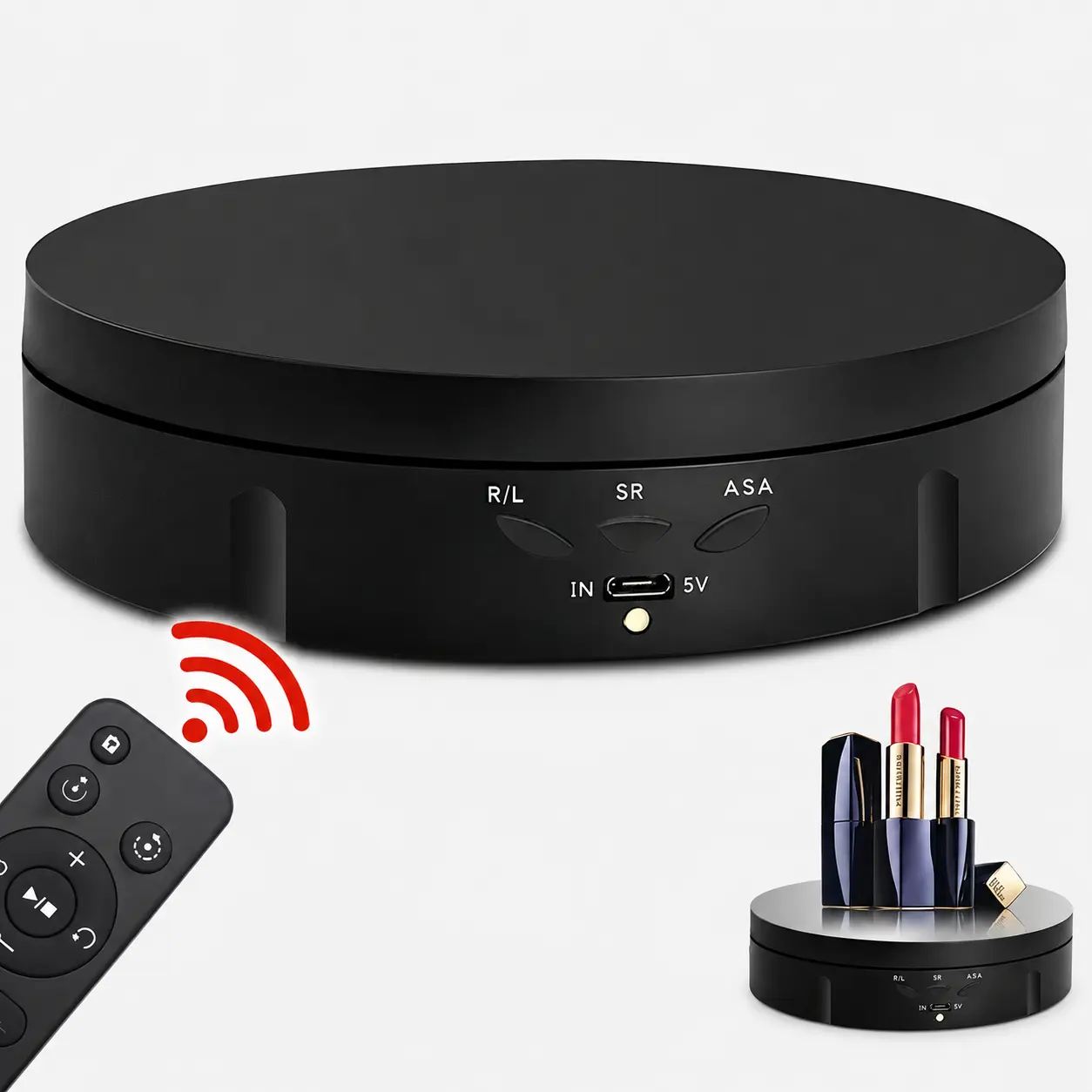 Motorized 360° Rotating Display Stand  - Ultra-Quiet Motor, 10kg Load Capacity, Matte Finish, Round Base, Display Support, 1 Connection Cable and remote control, Window Use, 1 User Manual for Photographers, R/L And Sr Options, Indoor, Advert