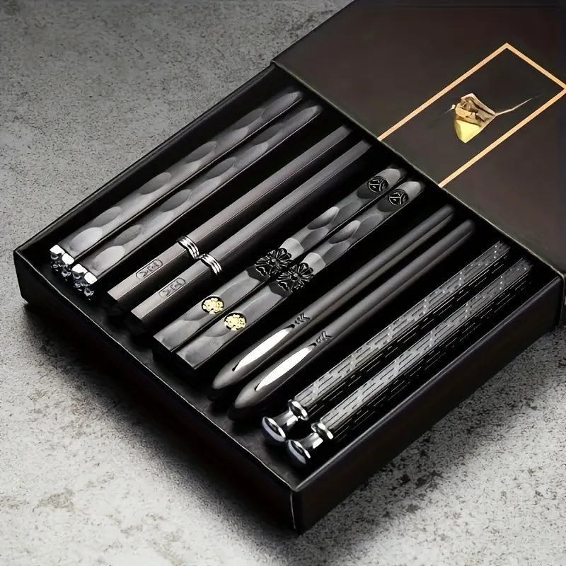 5 Pair Japanese Style Black Non-Slip Food Grade Alloy Chopsticks Cutlery Tableware (9.5-Inch) with Reusable Design Modern Kitchen Kitchenware Home