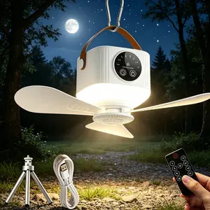Perated Ceiling Fan for Camping, LED Light Hanging Tent Fan with Remote Control, 4 Speeds 3 Light Levels Timer for Travel Patio Garage