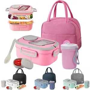 [50oz Leakproof Lunch Box Set] 50oz Multi-Compartment Lunch Box Set with Breakfast Cup & Meal Bag - Leakproof, Scratch-Resistant Plastic Bento Box for Office, Camping, and Road Trips