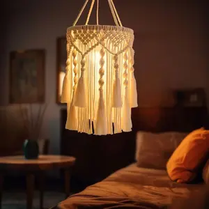 Boho Style Hanging Pendant Light Shade, Handmade Macrame Decorative Tassel Lamp Cover, Bohemian Style Ceiling Fixture Accessory Lighting