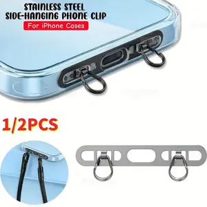 Two stainless steel clip-on lanyard connectors with a double-buckle side-hanging design, perfect for hanging your mobile devices and compatible with iPhones.