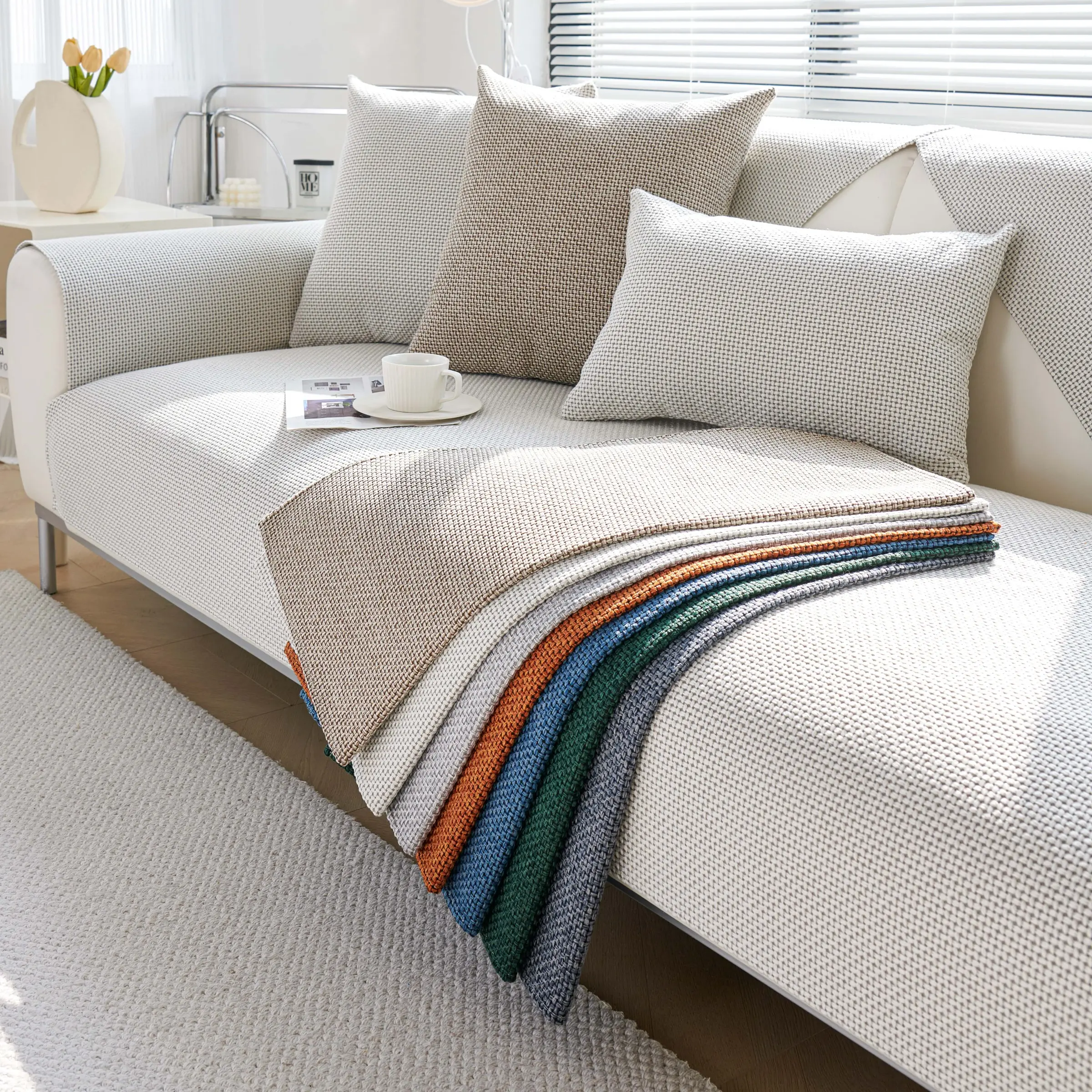 1 PC Textured  Sofa Cover, Non-Slip Couch Protector, Pet-Friendly Anti-Scratch Sofa Cushion cover, Machine Washable Dustproof Throw, All-Season Minimalist Grid, Multi-Color Options, fits 1/2/3/4-Seater & L-Shape Sectional, Washable Sofa Slipcover