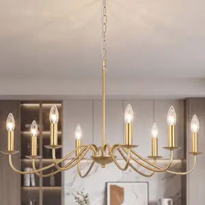 Rustic Vintage Farmhouse Gold Chandelier, 8-Light Candle Style Pendant Light, Adjustable Height Fixture for Kitchen Island Dining Room Bedroom Hallway Foyer, E14 Base, Sloped Ceiling Compatible, Bulbs Not Included
