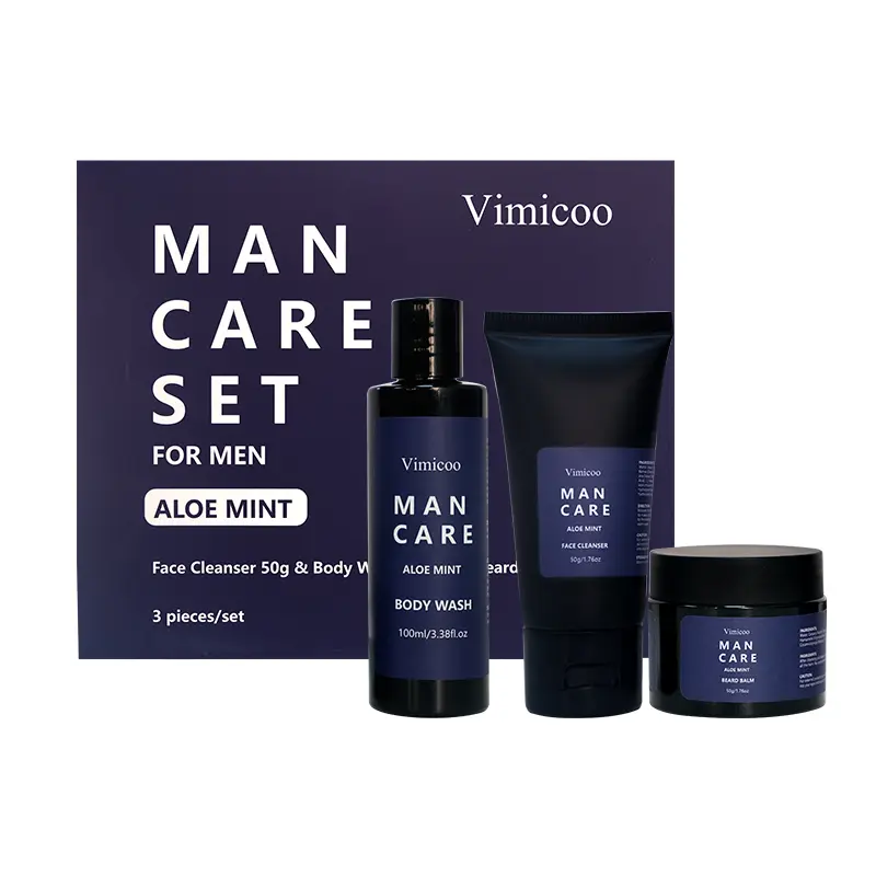 Vimicoo Men's Grooming Gift Set, 3-Piece Aloe Mint Body & Face Care Kit with Cleanser, Body Wash, Beard Balm | Oil Control Daily Care, US Stock