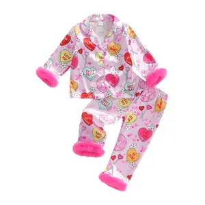 Babamoon Toddler Baby Little Girl Valentine's Pajamas Sets Long Sleeve Lapel Heart Print Tops Elastic Waist Pants Nightwear 1-7 Years