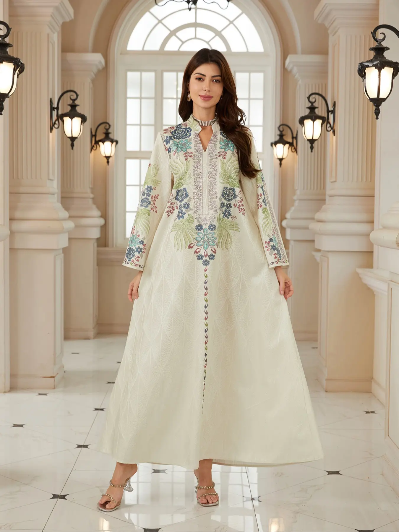 Women's Ramadan New Fabric Design Embroidered Dress Elegant Islamic Clothing Kaftan Robe Evening Gown Abaya Full Beaded Long Sleeve Loose Fit All Seasons Loose Abayas Floral Embellished Abaya Embroidery Abaya Abayas For Eid