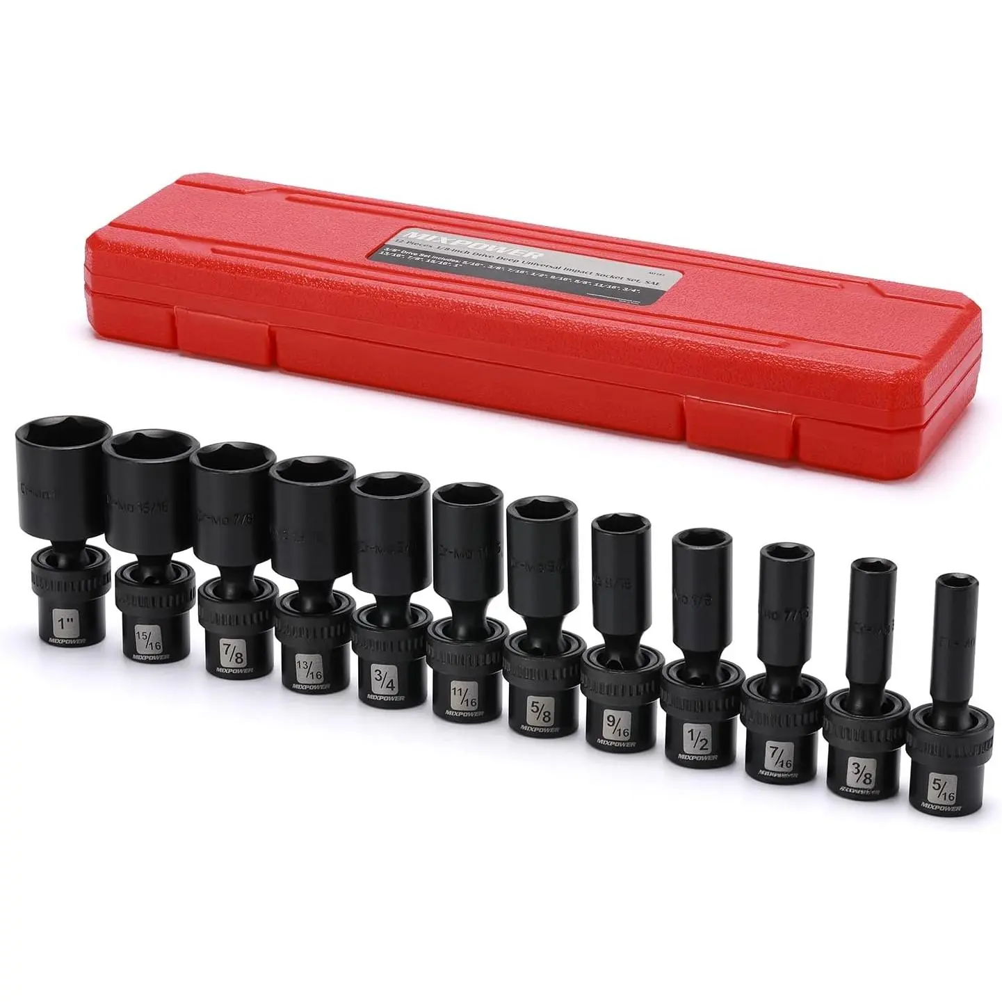 3/8" Drive Deep Impact Socket Wrench Set, 12-Pc SAE, 5/16"-1" Size Range, Flexible Design, High-Contrast Size Marking, Chrome Molybdenum Steel, Full Rotation Universal Joint Swivel, Manufacturer Warranty