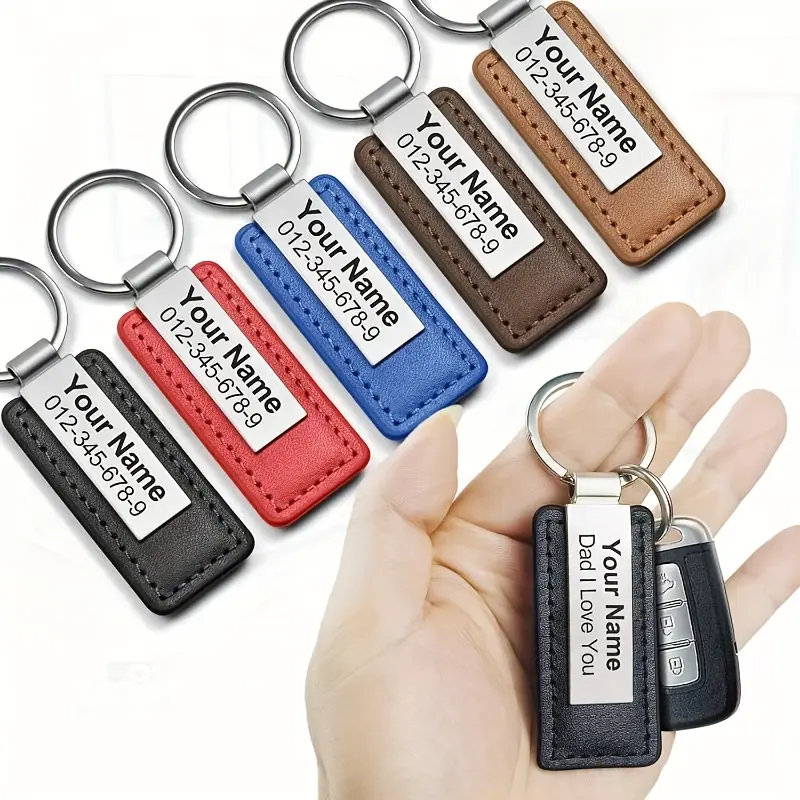 Personalized Engraved PU Leather Keychain with Stainless Steel ID Tag - Customizable Name, Phone Number, Keychain for Boyfriend, Father's Day Gift, Durable Fashion Accessory