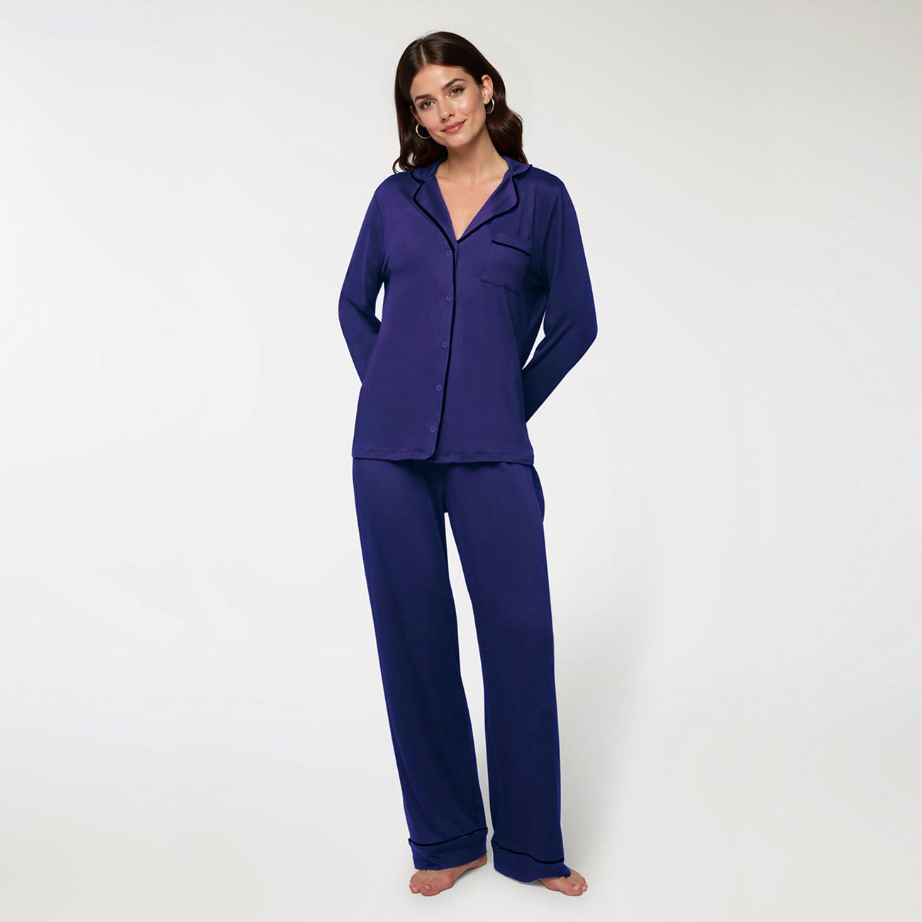 KatchMe Women's Basic Color Matching Trim Button-Up Long Sleeve Top & Drawstring Waist Loose Trousers Sleepwear Co-ord, Leisure Pajama Set for Fall & Winter KatchMe Women's Basic Color Matching Trim Button-Up Long Sleeve Top & Drawstring Waist Loose Trousers Sleepwear Co-ord, Leisure Pajama Set for Fall & Winter