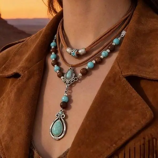 Vintage Western Turquoise Layered Choker Necklace for Women, Boho Double Strand Brown Leather Cord Teardrop Turquoise Pendant Beaded Necklace, Southwestern Cowgirl Ethnic Tribal Jewelry Gift
