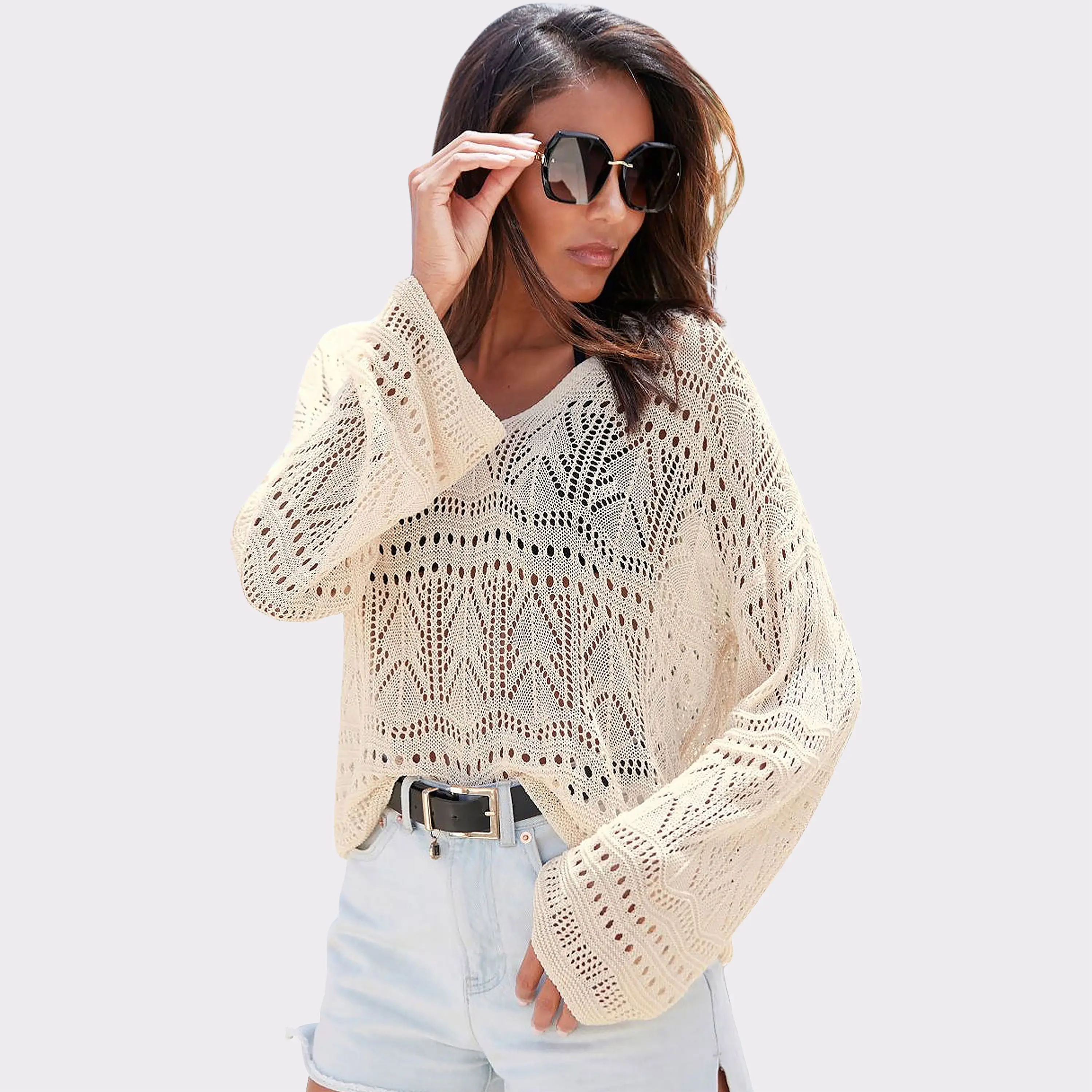 LASCANA Women's Oversized Long-Sleeve Ajour Knitwear, Lightweight Fit Women's Top
