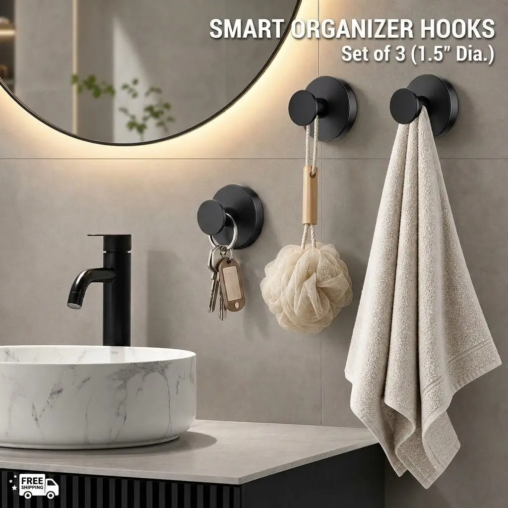 Contemporary Stainless Steel Shower Hook Set - Upgraded Heavy-Duty 15LB Strong Suction Cup, No-Tools No-Drill Removable Wall-Mount, Waterproof Towel Holder for Bathroom & Kitchen (Fits Glass, Smooth Tile)
