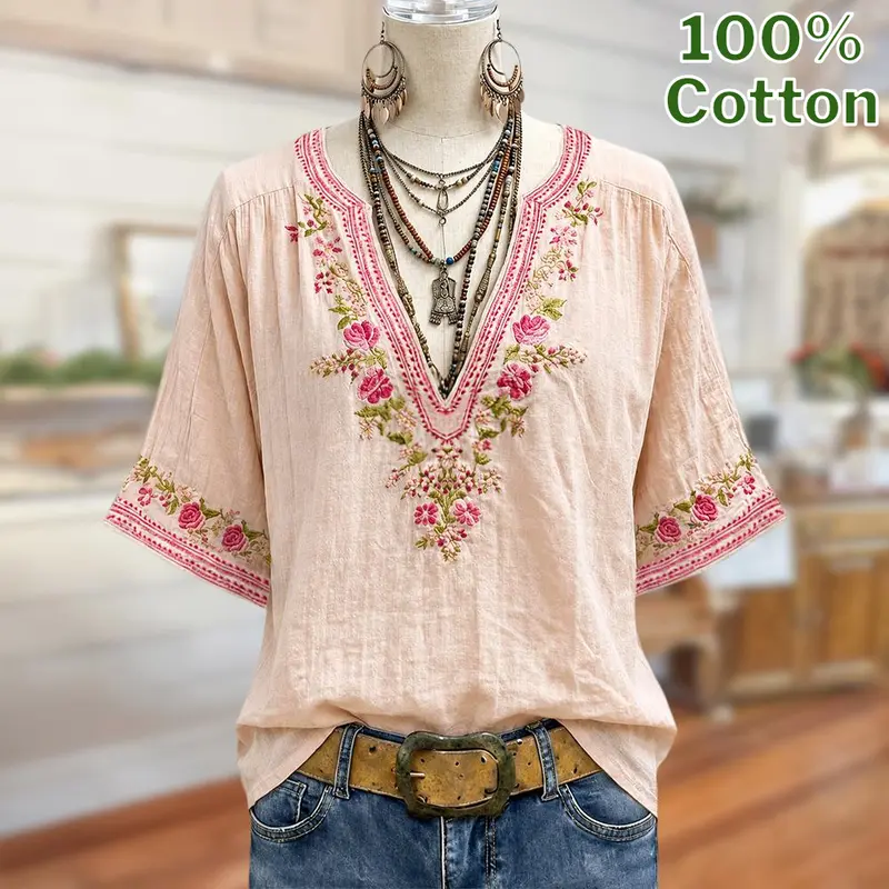 Women's 100% Cotton Soft Sage Blouse - Blush Pink Floral Embroidery, Bohemian V-Neck, Breathable Fabric, Embroidered Cuffs, Medium Length, Shoulder Gathers, Sohochic Ladies' Top