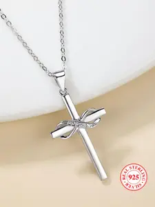 S925 Sterling Silver Infinity Cross Pendant Necklace, Elegant Women's Stackable Clavicle Chain Necklace, Dating Gift for Women & Men, Dainty cross necklace, Religious Pendant