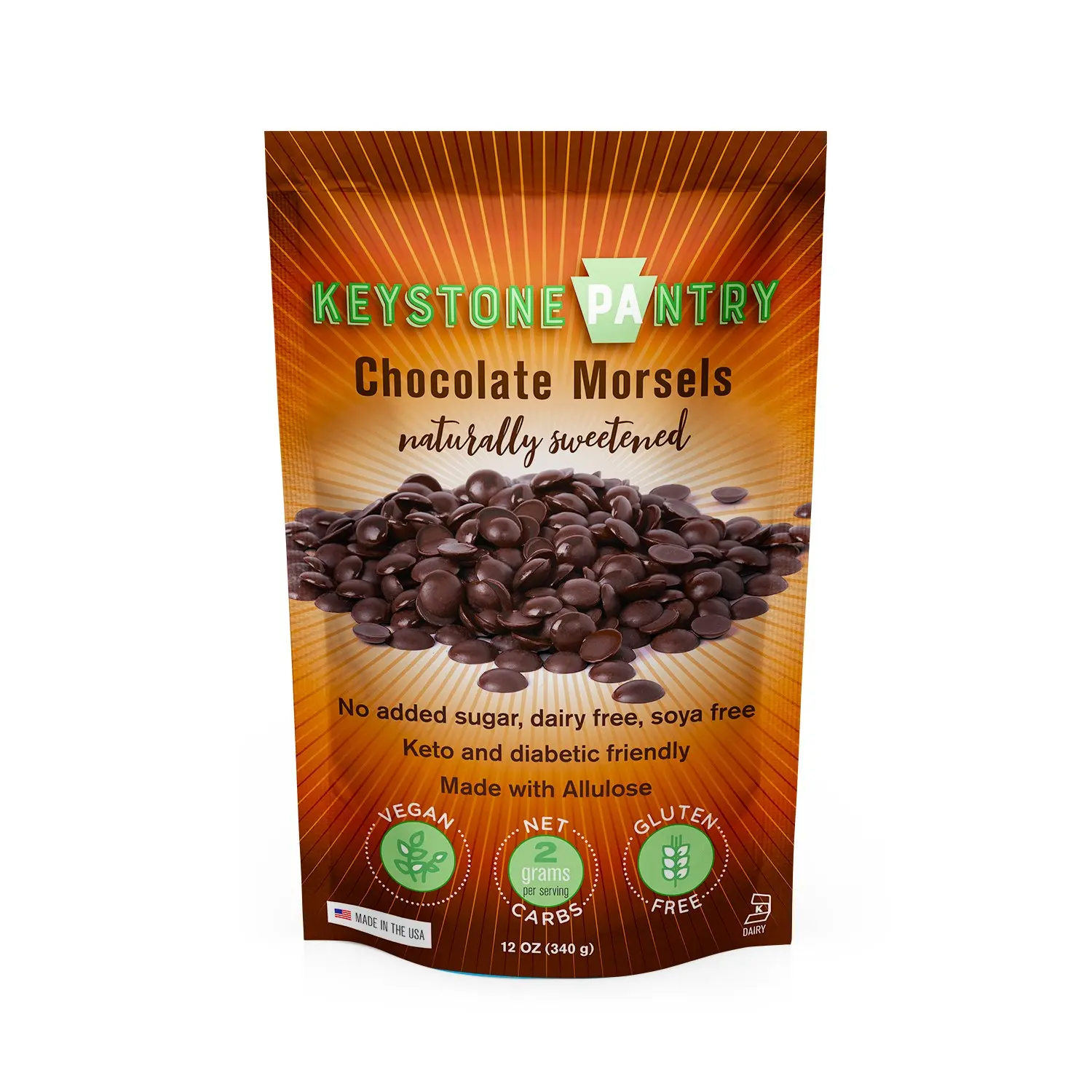Keystone Pantry – Keto Dark Chocolate Morsels – 12 OZ - Bag – Sugar, Gluten, & Dairy Free – Kosher – Vegan – Paleo Friendly - Keto Friendly – Low Carb – Perfect for Baking Visit the KEYSTONE PANTRY Store Dessert Snack Cocoa