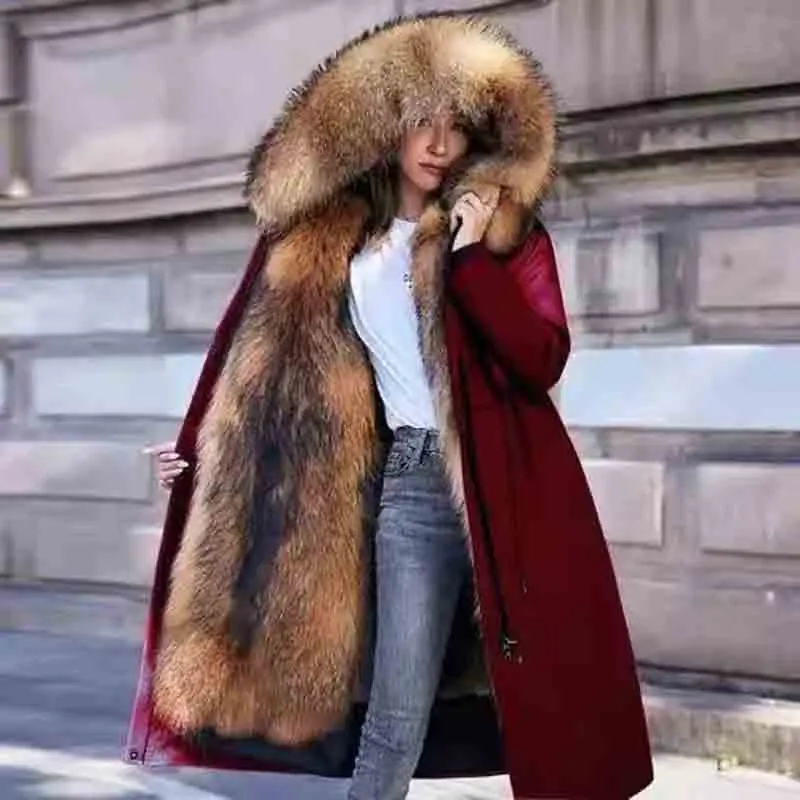 Women's Winter New Knee-Length Hooded Loose-Fit Faux Wool Parka with Removable Lining, Warm Casual Clothes, Ladies' Long Sleeve Fur-Infused Tops, Up to 5XL Jacket, Lady, Detachable, Jackets