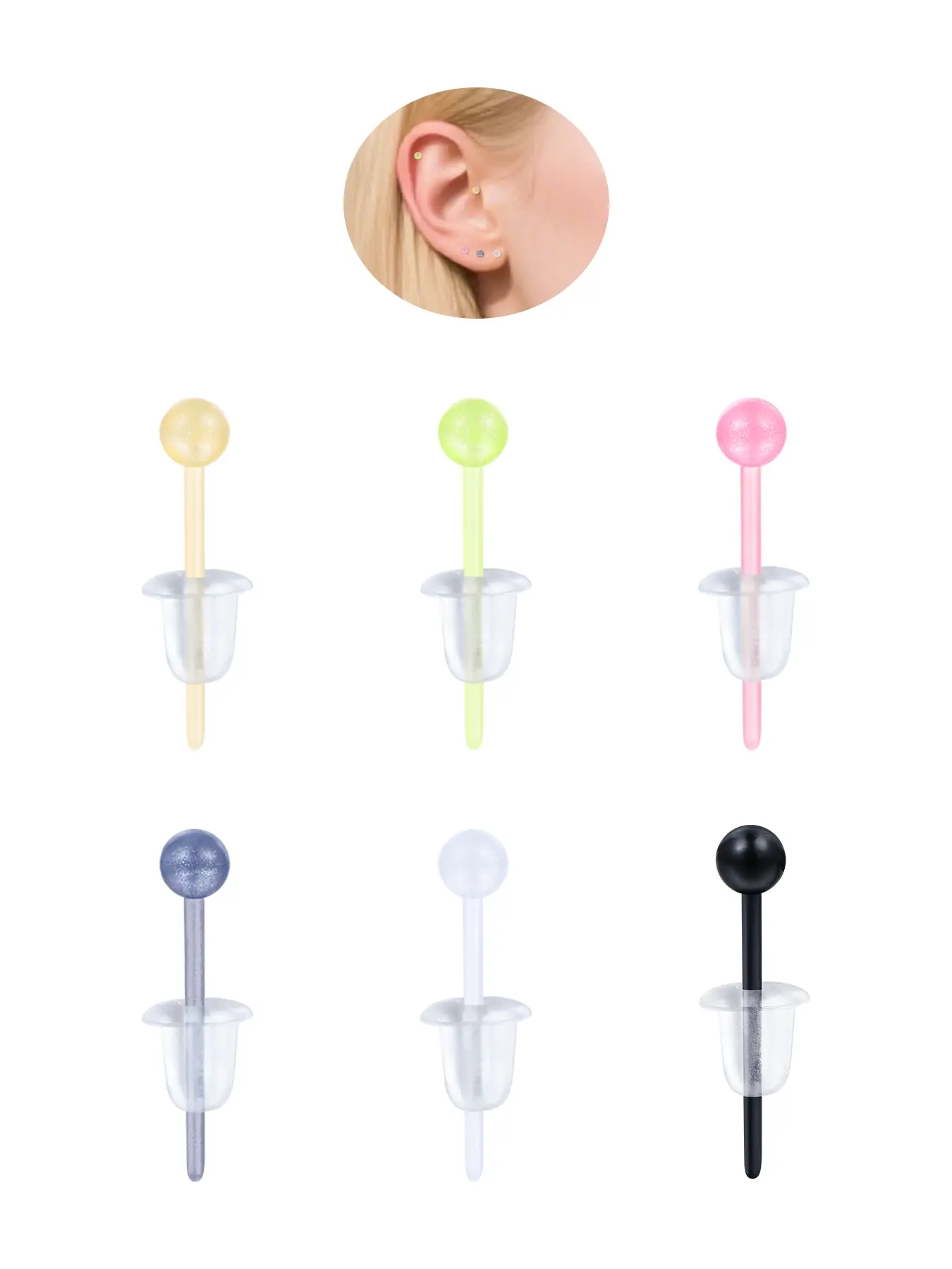 24PCS 20Gauge Colorful Ear Lobe Stud Earrings Bioflex Plastic Round Top Cartilage Earrings Piercing Retainers for Surgery Sport Work Earring Sets for Multiple Piercing