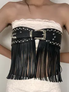 European and American Y2K Rivet Punk Fringe Wide Waist Belt, Streetwear Fashion, Retro Sexy Leather Belt, Versatile and Stylish Boho Style Belt