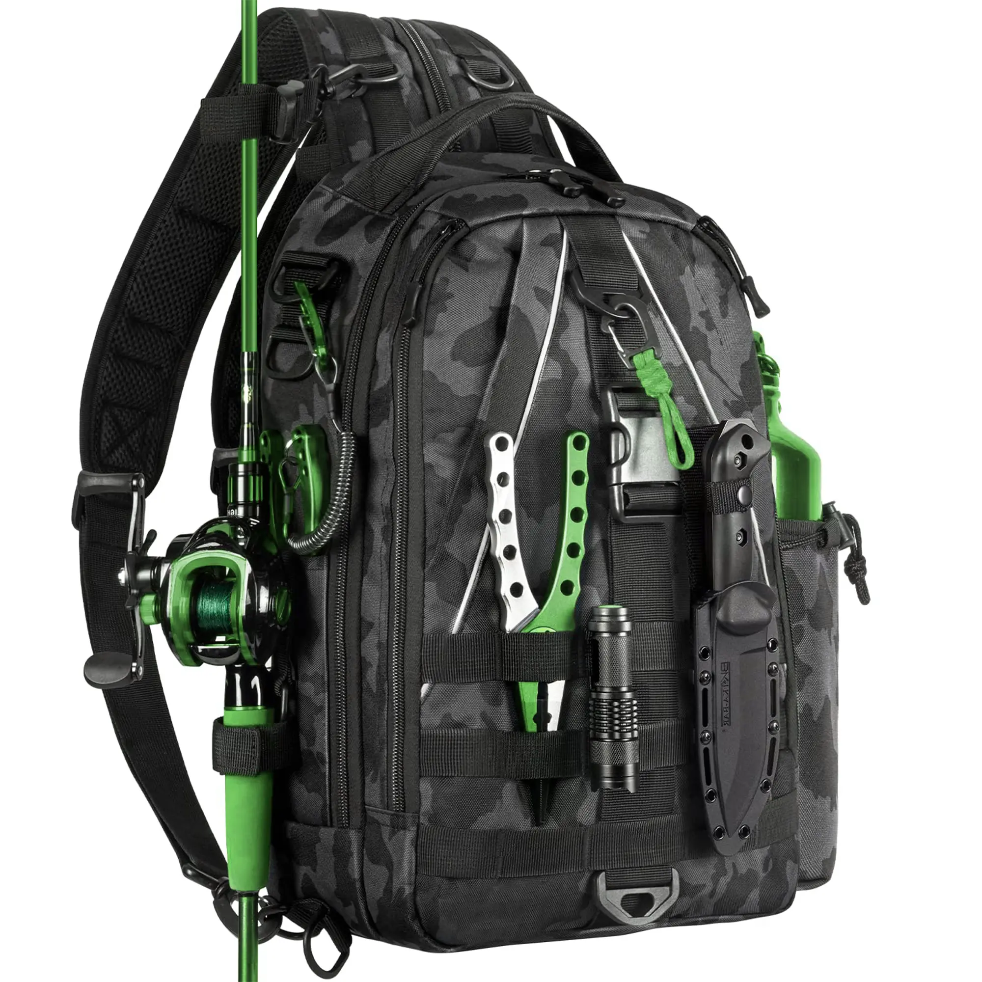 Unisex Tackle Sling Backpack with Fishing Rod Holder, Gear Holder, Bottle Pocket, 1000D Nylon Water-Resistant Material, Full-Length Anti-Corrosion Double Zippers (Tackle Kit Accessories Not Included), Fishing Rods