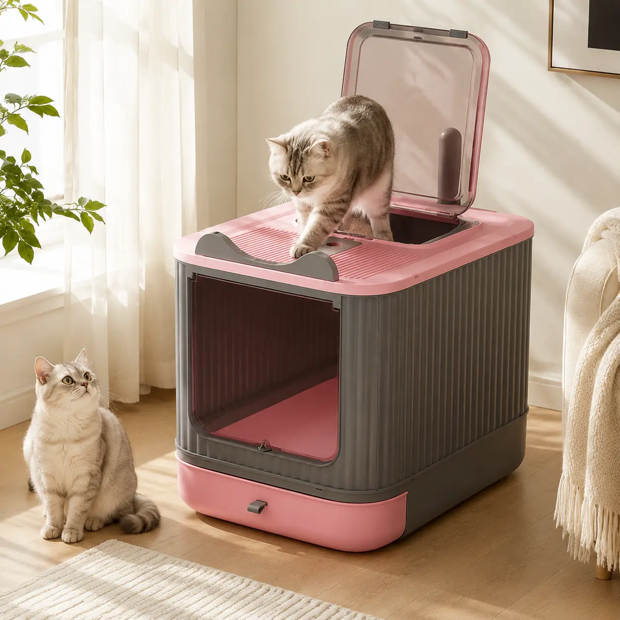 Large Fully Enclosed Cat Litter Box for Multi-Cat Households, Pink-Gray Vertical Stripe, Dual-Entry Drawer, Lift-Up Window, Front Door with Openable Splash-Proof Cover, Sliding Access