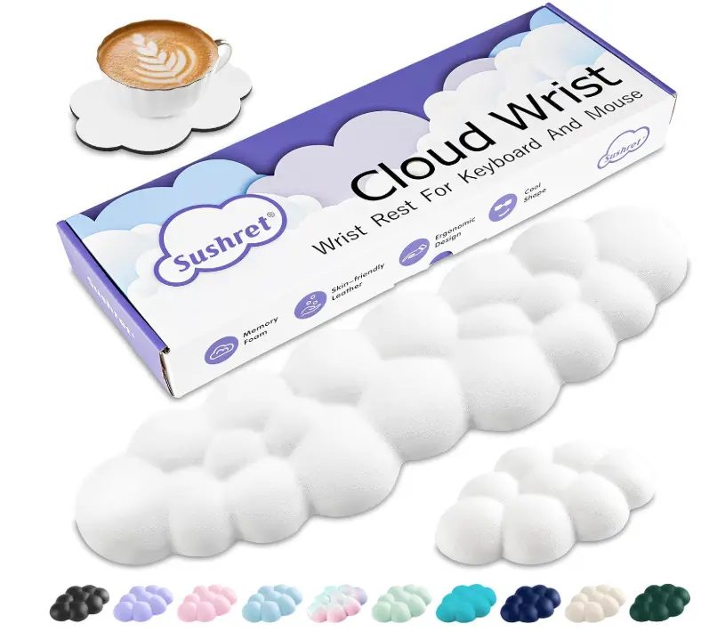 Sushret Cloud Wrist Rest Keyboard, Cloud Keyboard Wrist Pad Set with PU Leather Memory Foam, Cute Arm Rest for Palm Support, PC/Gaming Desk Accessories/Office Setup/Computer Hand Cushion - White