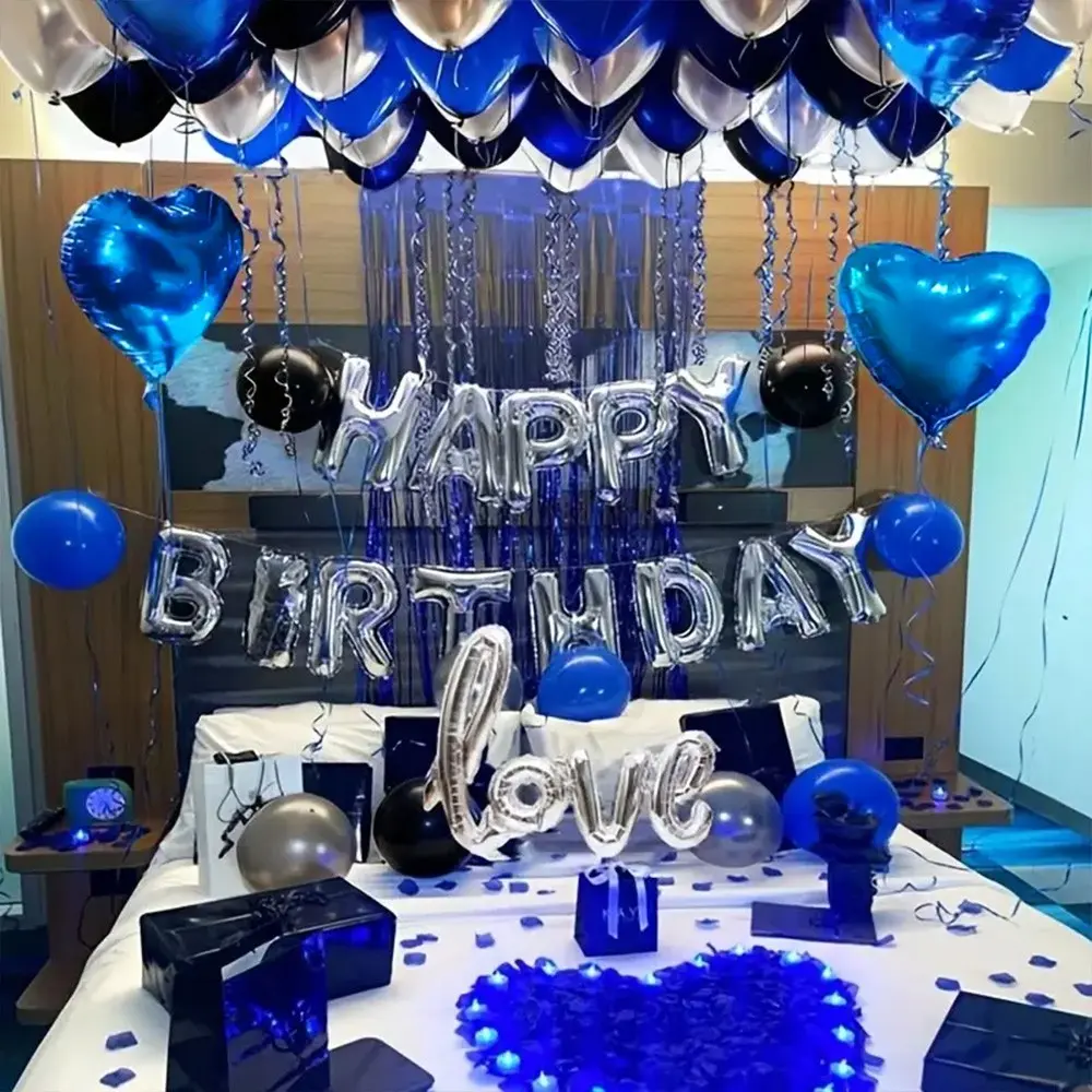 1068pcs Blue Birthday Decoration Set, 1000pcs Non-Woven Fabric Petals, Happy Birthday Banner, Love & Heart Foil Balloons, Blue, Black, Silvery Thick Latex Balloons, Balloon Party Supplies, Balloon Decorations, Suitable for Bedroom Decor