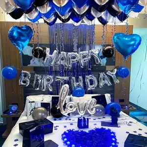 1068pcs Blue Birthday Decoration Set, 1000pcs Non-Woven Fabric Petals, Happy Birthday Banner, Love & Heart Foil Balloons, Blue, Black, Silvery Thick Latex Balloons, Balloon Party Supplies, Balloon Decorations, Suitable for Bedroom Decor