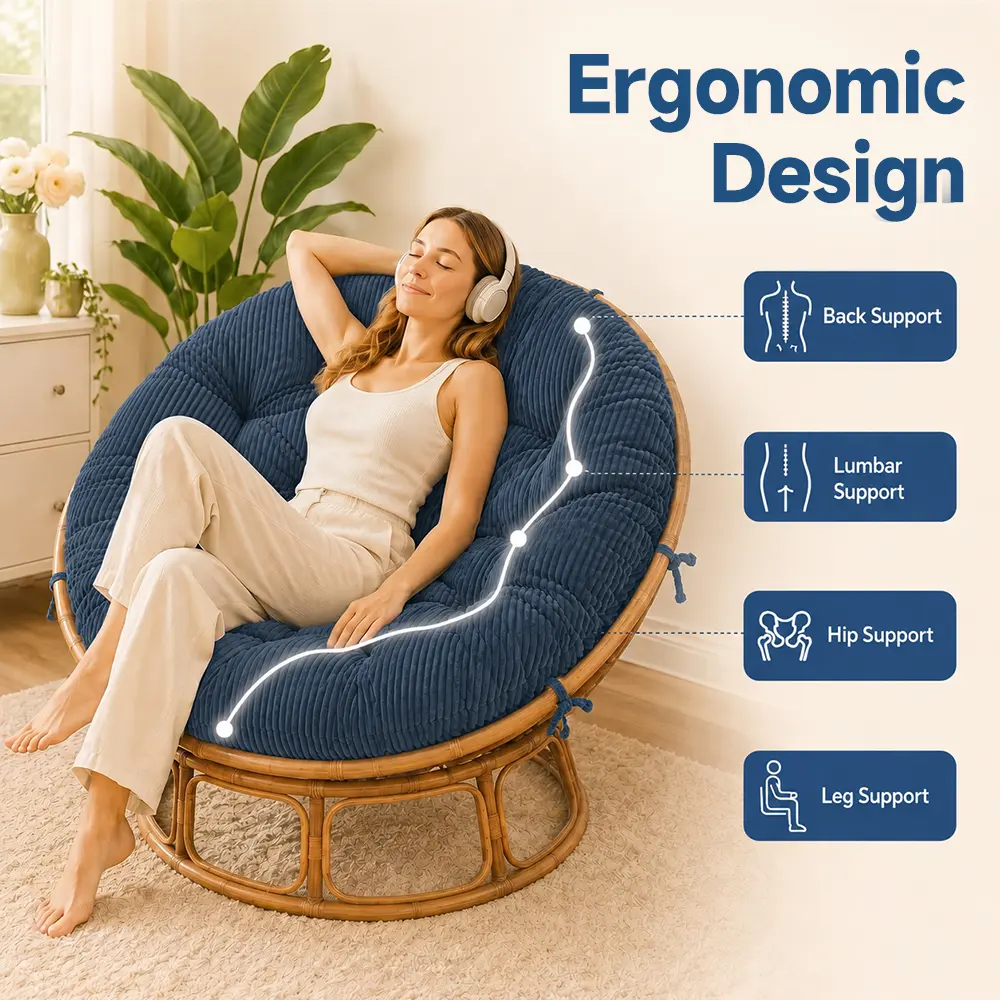 Modern Oversized Papasan Chair Cushion - Thick Plush Fabric Round Form Single-Person Pad for Rattan Indoor Lounge Chairs