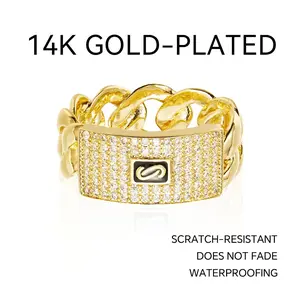 Cuban Chain Ring Iced out Cubic Zirconia 14 Gold Plated Design Iced Out Hip Hop personality Fashion Hip Hop Ring for Men and Women Streetwear Jewelry Statement Halo Ring Stackable Half Ring