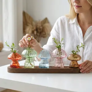 Colored Mushroom Hydroponic Vase Set with Wooden Stand, 3/5-Pack Hand Blown Dopamine Aesthetic Glass Propagation Station, Floral Water Plant Bud Vases, Home Decor Gift for Plant Lovers