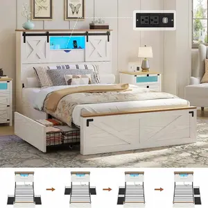 Twin XL Bed Frame with Rustic Headboard, 2 Storage Drawers and LED Lights, White Indoor Furniture Bed Frames