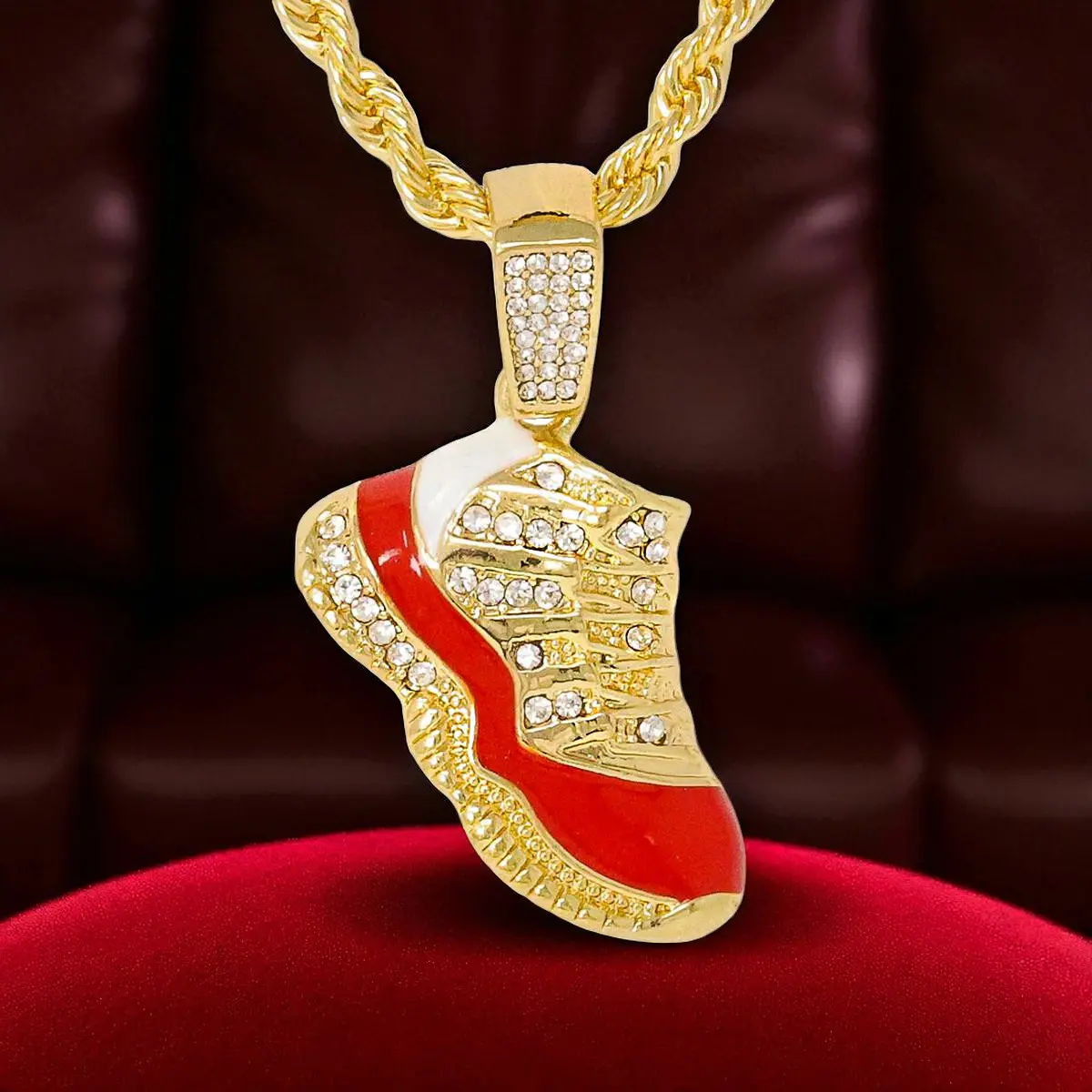 MaxBling81 Unisex Hip Hop Iced Out Retro Shoe Pendant Necklace, Gold/Silver Plated Costume Jewelry with 4mm Gold Rope Chain (18"-24")