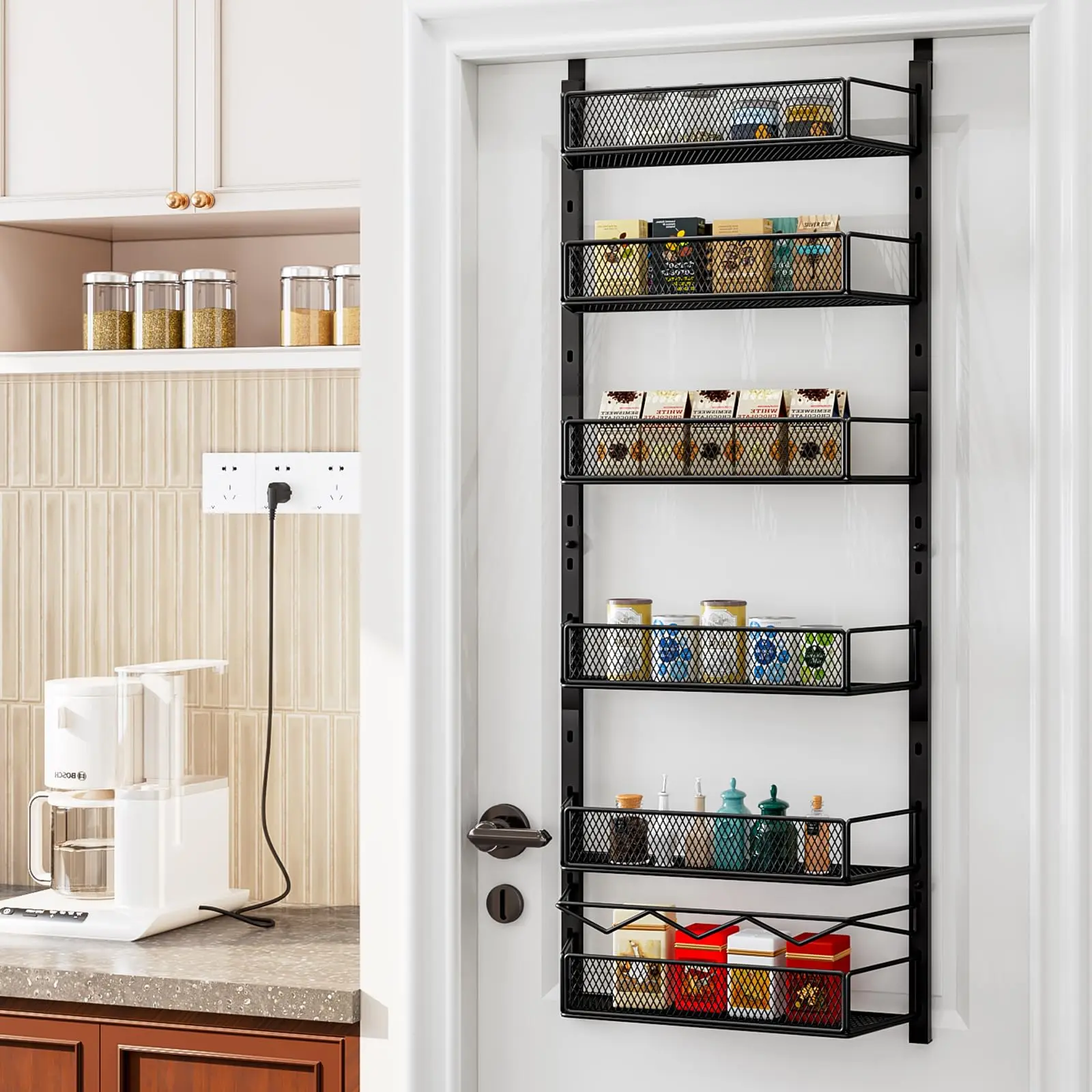 Over The Door Pantry Organizer, 6-Tier Pantry Organization and Storage,Adjustable Hanging Spice Rack Shelves, Cabinet Door Organizer Metal Basket Hook