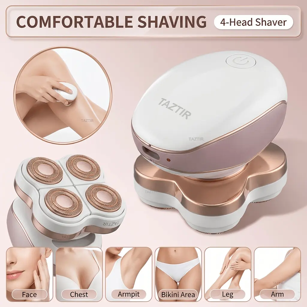 TAZTIR Women's 4-Head 360° Rotatable Wet/Dry Electric Shaver and Trimmer - USB Charge, 2 LED Lights, Portable Travel-Friendly Full-Body Hair Removal Tool for Face, Legs, Underarms