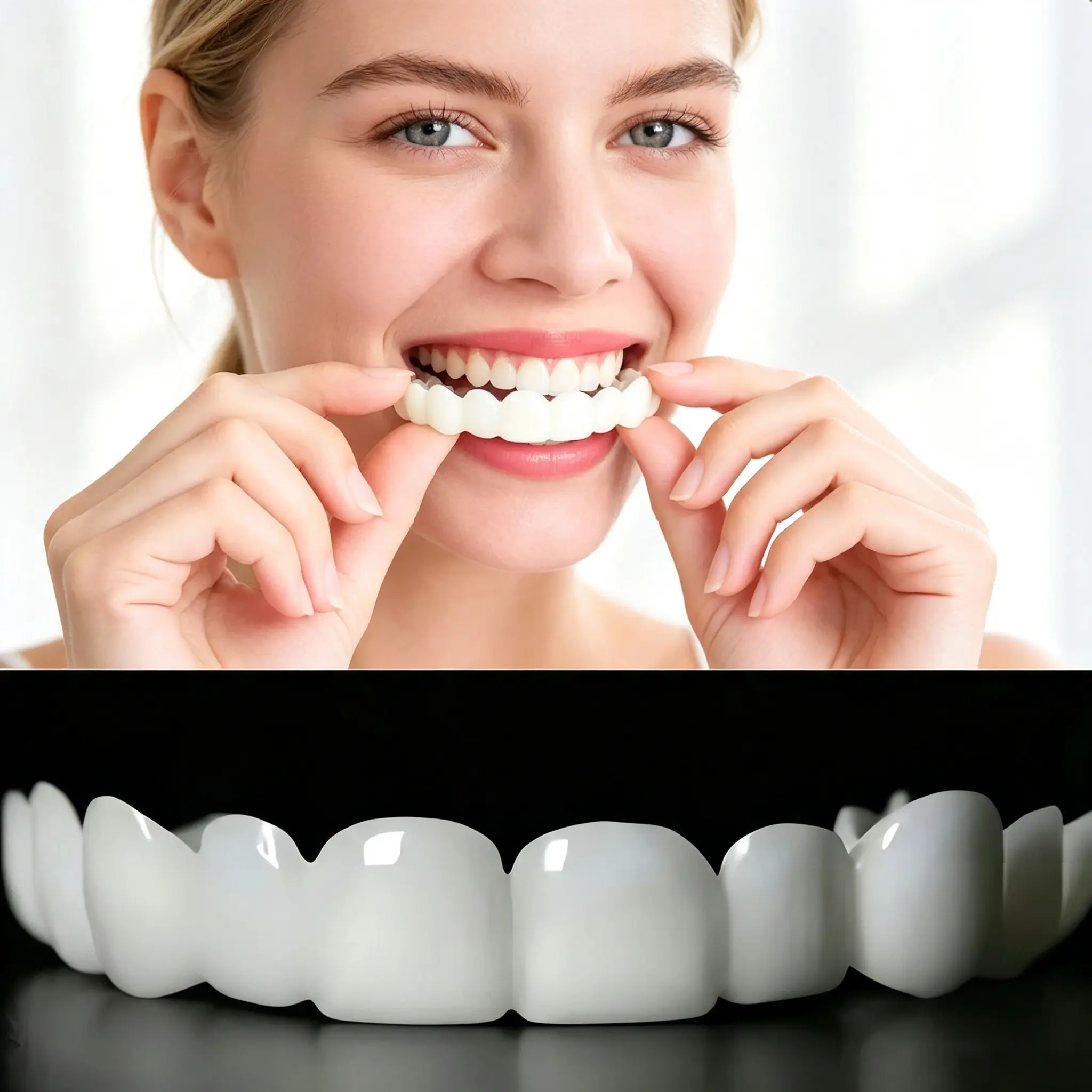 Oral Silicone Snap-On Smile False Teeth Set, 2-Pair Polypropylene Instant Veneers, Cosmetic Whitening Covers, Clip-In Top & Bottom Stain-Cover Dentures