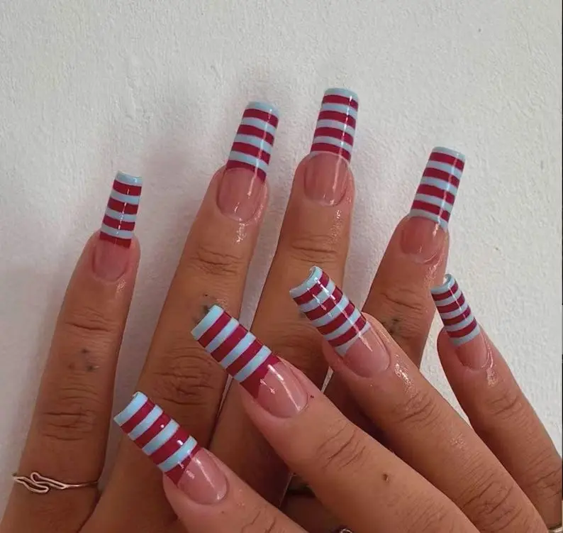 Striped French nails, Custom Starburst Design, Sparkle Nails